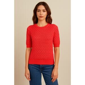 ME+EM Cotton Textured Lace Stitch Tee Sweater Orange Pink Large Pullover